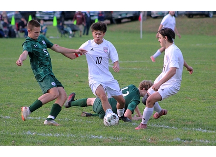 Brandon Canevari
Twin Valley’s Niko Gerding (10) tries to keep the ball away from Leland & Gray’s Gavin Bush during a match on Thursday, October 15.