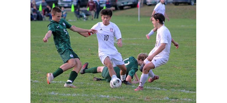 Brandon Canevari
Twin Valley’s Niko Gerding (10) tries to keep the ball away from Leland & Gray’s Gavin Bush during a match on Thursday, October 15.